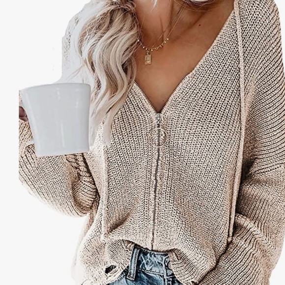 Addkaka Women Front Zip Up Long Sleeve V Neck Sweater Cardigans